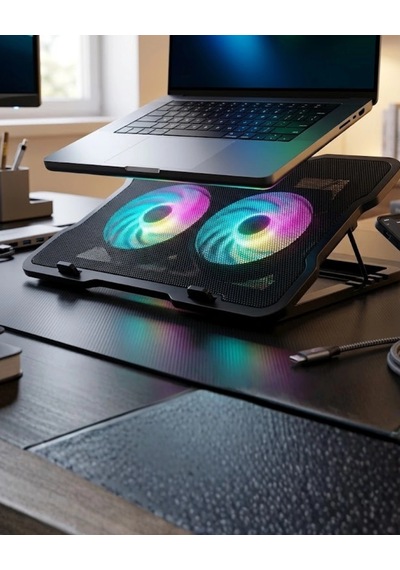 Mey İthalat Ayarlanabilir Laptop Soğutucu Çift Fan Rgb Işıklı Sessiz Çalışan