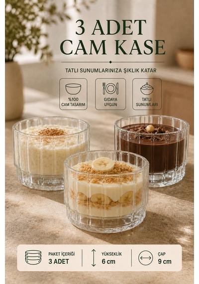 3 Adet Modern Çizgili Yuvarlak Borosilikat Cam Kase Seti Tatlı Çerez Meze Kahvaltılık Sunum Kasesi 400 Ml Şeffaf
