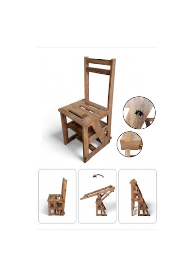 Ahşap 4 Basamak Merdiven - Portatif Demonte Ve Ergonomik Ev Tipi Sandalye Merdiven 110 Kg Kapasiteli