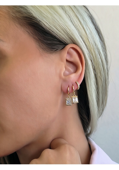 3'lü Baget Model Zirkon Taşlı Gold Renkli Küpe Seti Altın