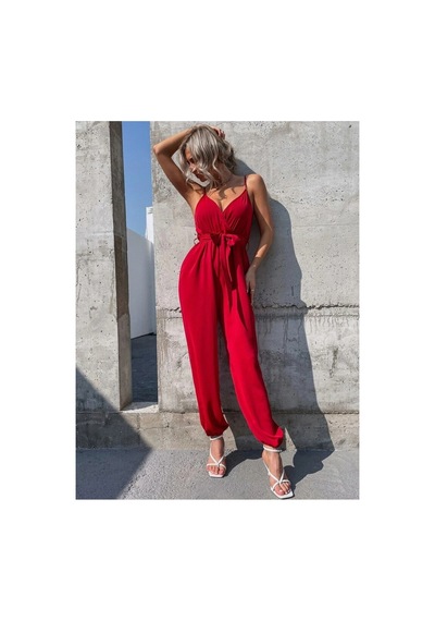 Butik İstanbul Kadın Ip Askılı Kruvaze Yakalı Belden Kuşaklı Uzun Sandy Tulum Kırmızı