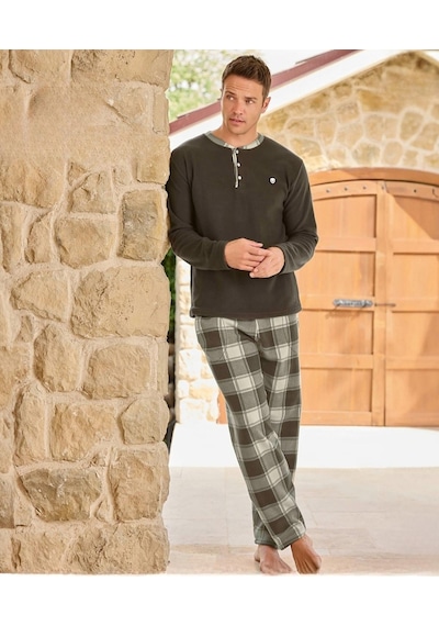 Pijamoni Erkek Düğme Yaka Kışlık Polar Pijama Takımı 6100/5 - 1 Adet Haki