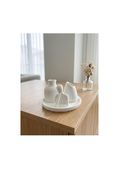4 Lü Set Dekor Mumluk Vazo Tepsi Beyaz - 916705644