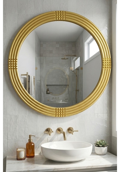 Safir Gold Dekoratif Ayna Yuvarlak Işlemeli Duvar Aynası 69 Cm Altın