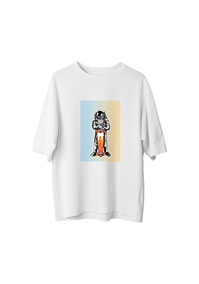 Paybuy Erkek Oversize Tişört Astronot Kaykay Baskısı Bold Line Art Dinam Beyaz