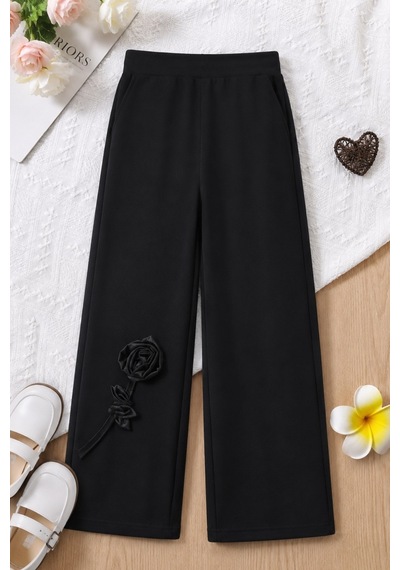 Fesshera Kids Kız Çocuk Çiçek Aksesuarlı Pantolon Siyah