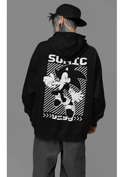 Sevbano Sonic Çizgi Film Baskılı Unisex Oversize Karakter Hoodie Siyah