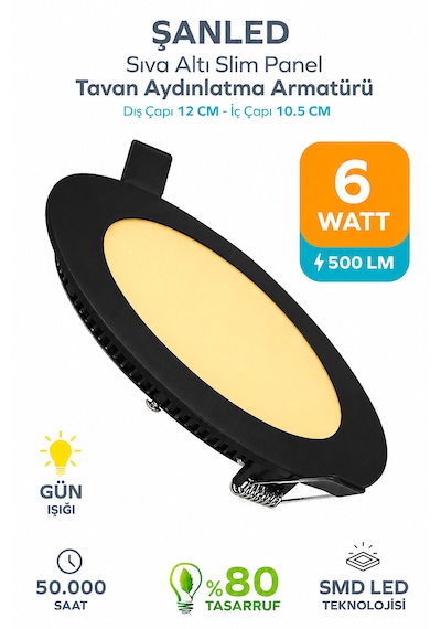 6w Tasarruflu Led Yuvarlak Siyah Kasa Gün Işığı Sıva Altı Panel Aydınlatma Armatürü 1 Adettir