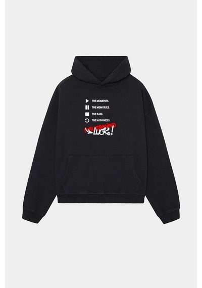 Unisex Kapüşonlu Sweatshirt - Luck Yazılı Oversize Hoodie Siyah