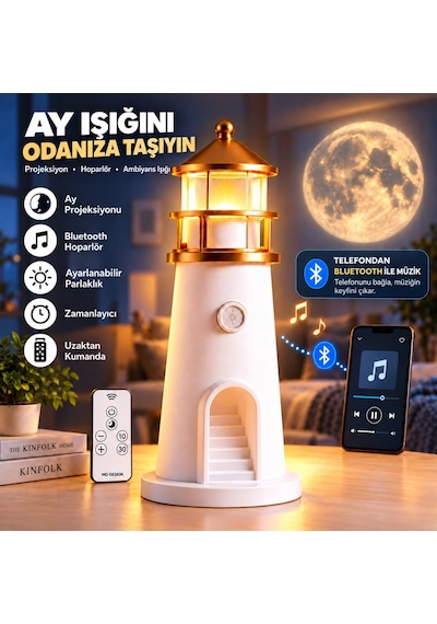 Hymark Deniz Feneri Ay Led Projeksiyon Lamba Bluetooth Hoparlör Kumanda Dimmer 2400 Mah Pil Beyaz