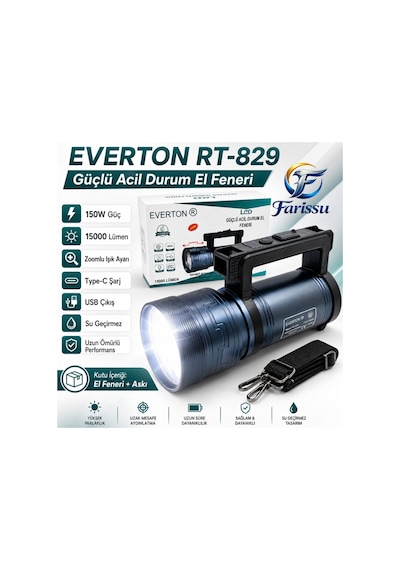 Everton Rt-829 Şarjlı Zoomlu Led El Feneri - 15000 Lümen, 3 Km Menzil, Powerbank Özellikli Mavi