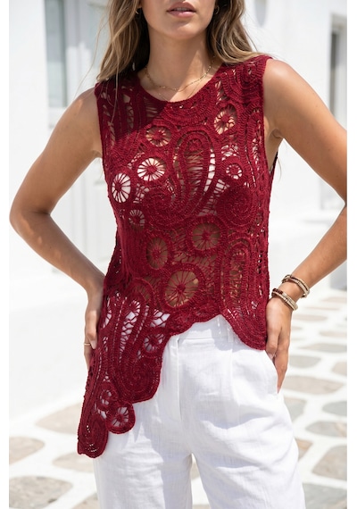 Sayzen Your Shine Etnik Desenli Dantel Tığ Dokuma Bluz Bordo