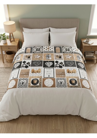 Maki Home Çift Kişilik 200x220+2 50x70 Nevresim Seti Home Sweet Home Patchwork Rustik Geyik Ve Kalp Desenli Beyaz