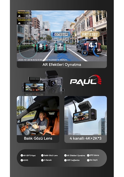 Paul Lens 360pro 4k Yapay Zekalı 4 Göz Araç Kamerası, Ön Arka Plaka Okuma Sağ Sol Balık Gözü Geniş Açılı, Gps Harita, Adas, 5g Wi-fi, Hız Göstergeli
