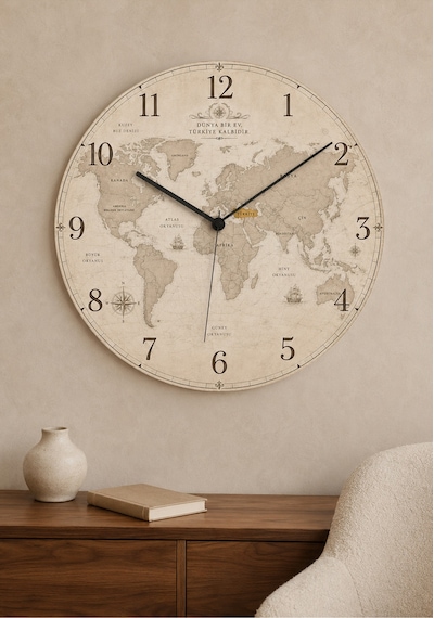 AA Shop Dünya Haritası Desenli Dekoratif Baskılı Ahşap Duvar Saati 45 Cm Sessiz Akar Mekanizma 870 Çoklu Renkli