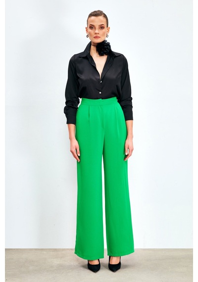 Sateen Pileli Krep Pantolon - Yeşil
