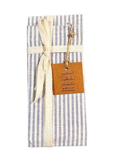 %100 Pamuk İpliği Boyalı Çizgili Tek Kişilik Yastık Kılıfı 2'li Set - 50x70 Cm Naturel Cep Detaylı Mavi