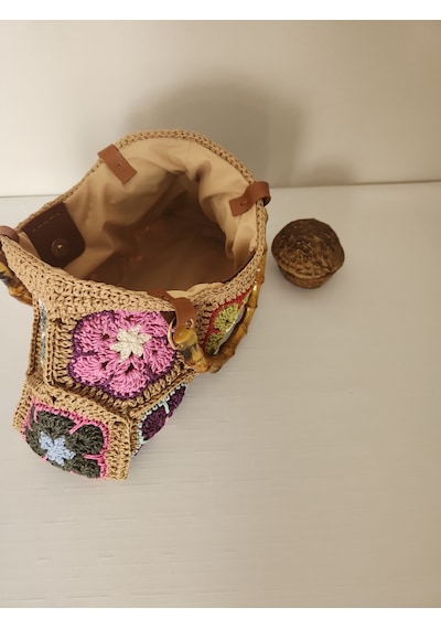 Fikriharika Design Afrika Çiçeği Motifli Kağıt İp Kadın El Çantası Bej - Çok Renkli