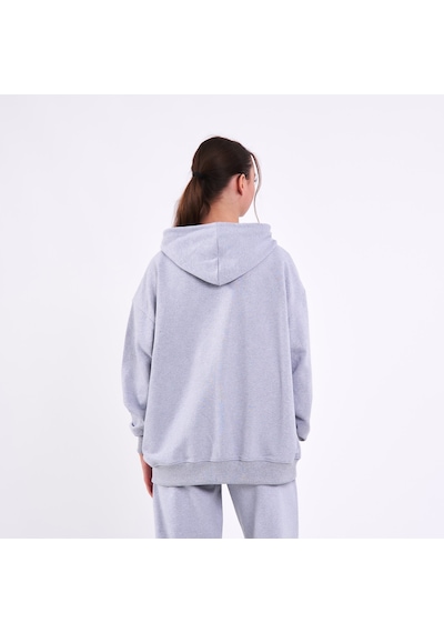 Mmetalic Kadın Gri Normal Kalıp Basic Beli Lastikli Kapüşonlu Oversize Mevsimlik Alt Üst Eşofman Takımı