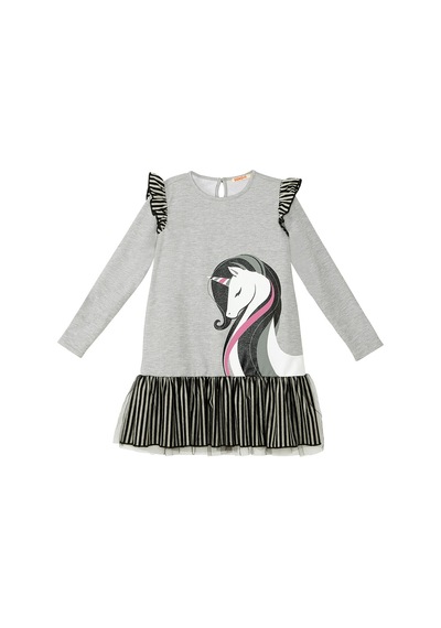 Denokids Zarif Unicorn Gri Kız Çocuk Elbise Gri