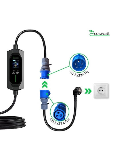 Coswatt Taşınabilir EV Şarj Cihazı CS-P1-32A / 7.4kW / 8m / Türkçe / 220V AC / Tip-2 / 3x32A CEE / Ev Tipi Dönüştürücü / Çanta