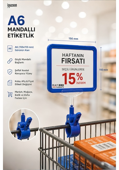 A6 Fiyatlık Mandallı Etiketlik Sepet Raf Askılık Fiyat Etiketi Çerçeveli Market Mağaza Mavi