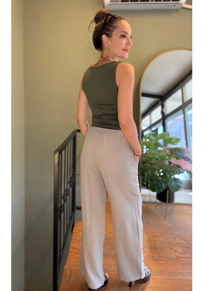 Ali Butik Gri Önü Çımalı Rahat Kalıp Keten Pantolon