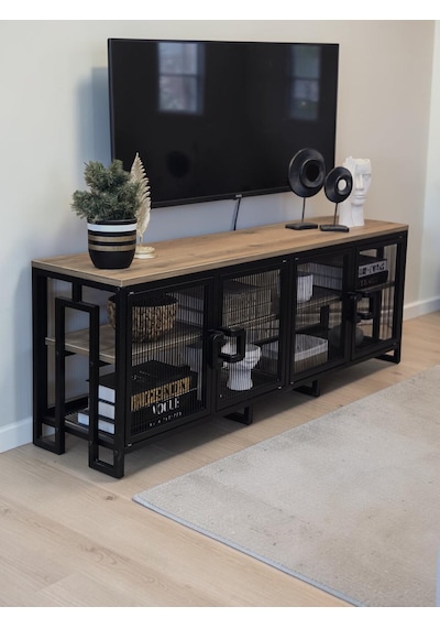 Dekoratif Metal Gövdeli Ahşap Raflı Tv Ünitesi 3 Raflı 4 Kapaklı Tv Sehpası 150 X 36 Cm Televizyon Ünitesi Siyah