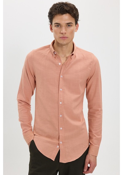 Tudors Erkek Slim Fit Dar Kesim %100 Pamuk Düğmeli Yaka Flam Keten Turuncu Gömlek-50269