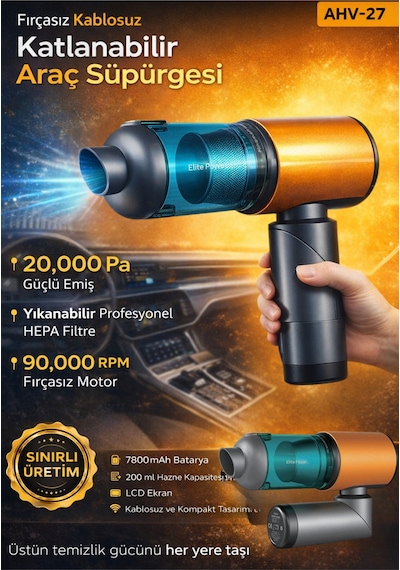 20.000 Pa Katlanabilir Kablosuz Araç İçi Vakum Süpürge Güçlü Emiş Metal + Hepa Filtre Set