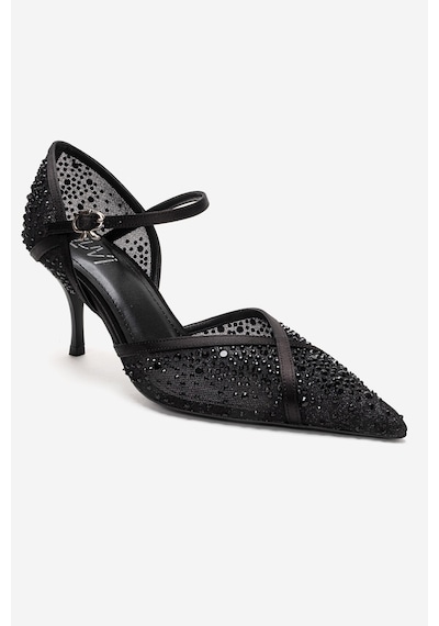 Luvishoes Rachel Siyah Saten Taş Detaylı Fileli Kadın İnce Topuklu Abiye Ayakkabı