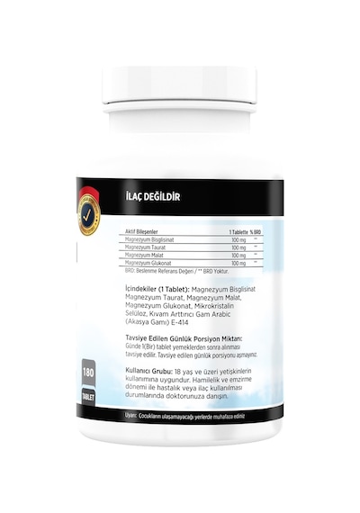 Magnesium Bisglisinat Malat Taurat Glukonat 180 Tablet