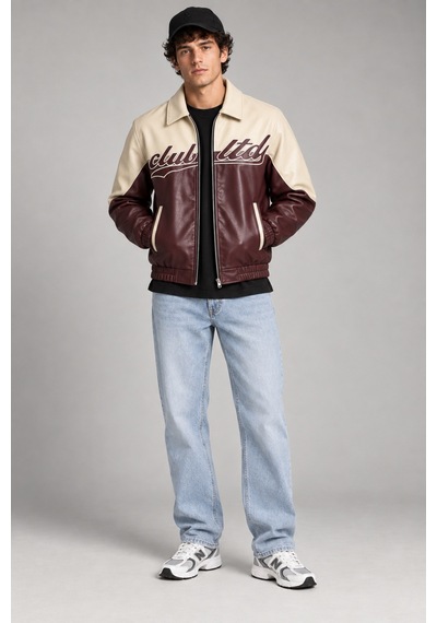 Maison Rae Erkek Bordo, İçi Kürklü, Çift Renkli, Yazı Detaylı,oversize Suni Deri Bomber Ceket