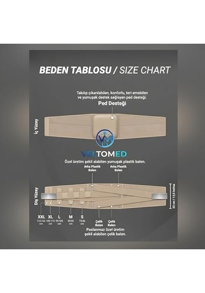 Tr Veltomed Bej Çelik Balenli Lumbostad 26cm Korse, Ortopedik Korse, Bel Korsesi, Skolyoz, Lomber Disk, Fıtık, Kireç