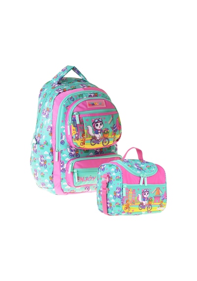 Kaukko Kids Cat Bike Kız Çocuk Yeşil - Pembe İlkokul Sırt Çantası Ve Beslenme Çanta Seti - Setkk-l5328b Çok Renkli