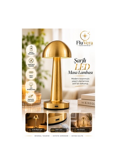 Şarjlı Masa Lambası Gold Mantar Kablosuz Led Dokunmatik Gece Lambası Altın