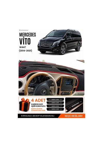 Mercedes Vito W447 2014-2021 Uyumlu Torpido Örtüsü, Torpido Kılıfı - Siyah Kırmızı