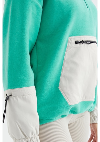 Tommy Life Deniz Yeşili Etek Ucu Büzgülü Yarım Fermuarlı Oversize Kadın Polar Sweatshirt - 97238 Yeşil