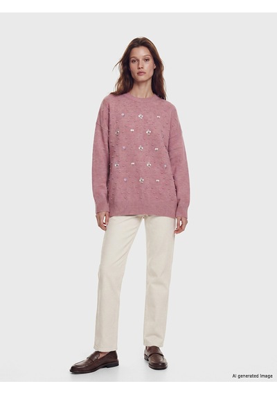Lcw Modest Pembe Bisiklet Yaka Çiçek Nakışlı Kadın Triko Tunik