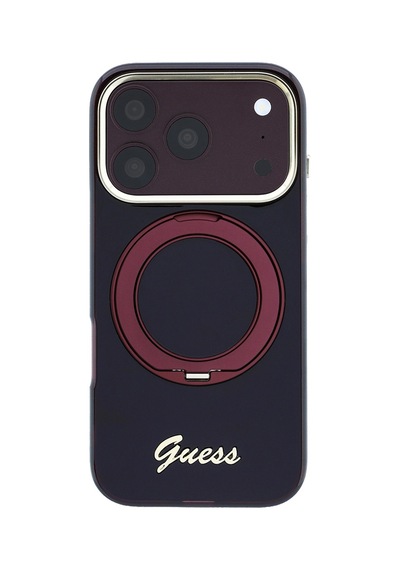 Apple iPhone Uyumlu 18 Pro Kılıf Guess Lisanslı M-safeli Dönebilen Standlı Metal Yazı Logolu Silikon Kapak Bordo