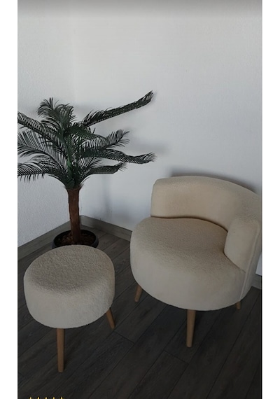 Çay Seti Tekli Koltuk Berjer Ve Puf Takımı Salon, Balkon, Ofis 2 Li Takım Krem
