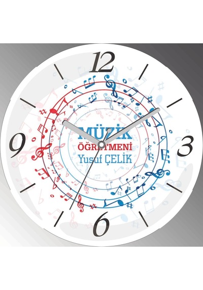 Kişiye Özel Notalar Müzik Öğretmeni Çap 30cm Sessiz Akar Bombeli Gerçek Cam Duvar Saati Siyah