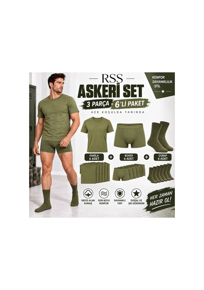 Recossa Askeri Fanila Boxer Çorap Seti Acemi Bedelli Asker Çamaşırı 6'lı Set Asker Yeşili Asker Yeşili Recossa Askeri Fanila Boxer Çorap Seti Acemi Bedelli Asker Çamaşırı 6'lı Set Asker Yeşili Asker Yeşili