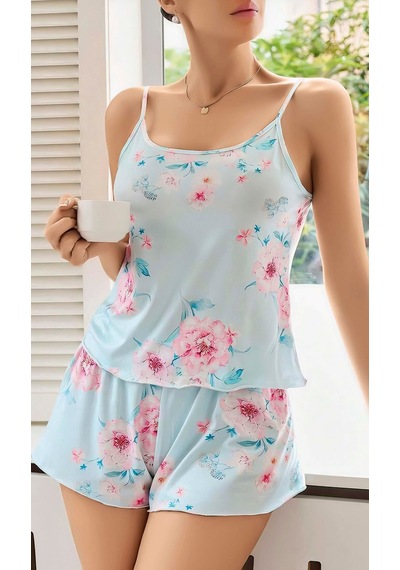 Mr Owl Kadın Bebe Mavisi Çiçek Desenli Askılı Şortlu Pijama Takımı
