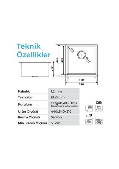 Crauf Stella 4454 Pvd Altın 50x40 El Yapımı Paslanmaz Çelik Mutfak Eviyesi Altın