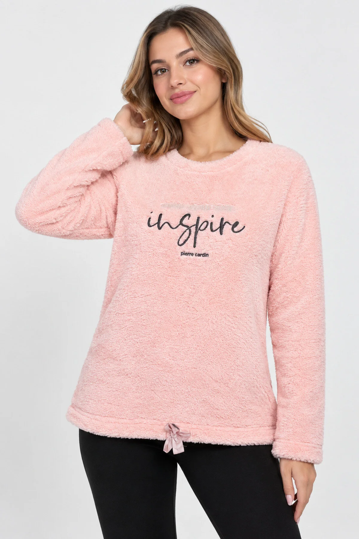 Neco Giyim Kadın Pembe Peluş Polar Pijama Üstü Yumuşak Tüylü Kışlık Ev Giyim Sweat
