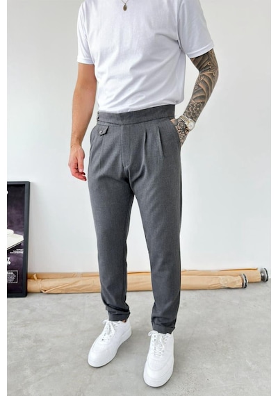 Koyu Gri Kemer Detaylı Regular Fit Kumaş Pantolon