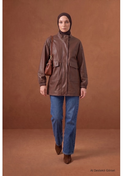 Armine Trend Dik Yaka Cep Detaylı Uzun Kollu Rahat Kesim Ceket 81 Cm Boy Kahverengi 26kt541 Armine Trend Dik Yaka Cep Detaylı Uzun Kollu Rahat Kesim Ceket 81 Cm Boy Kahverengi 26kt541