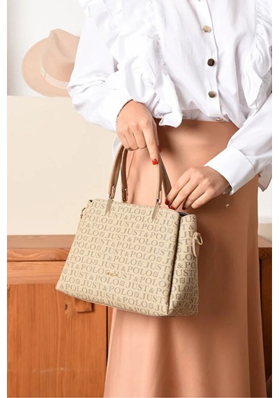 Just Polo Kadın Baskılı Ayarlanabilir Askılı Shopper El & Omuz Çantası Shoulder Bag Vizon