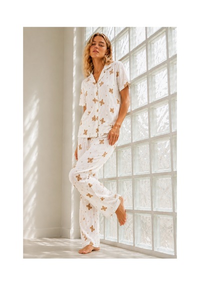 Fit Women Kadın Genç Loose İpliği Boyalı Kırık Beyaz Pijama Takımı